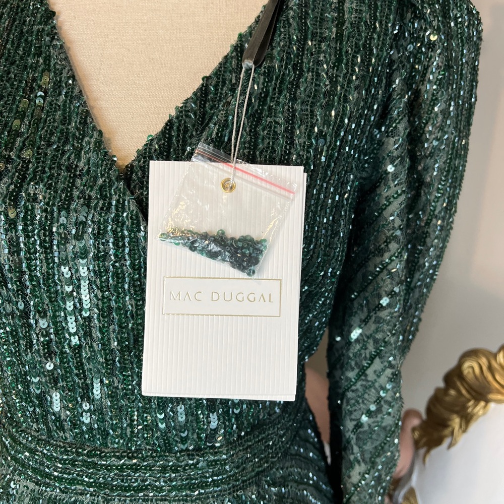 NEW Mac Duggal 93676 Bead Lace Long Sleeve Midi Dress Emerald Holiday Wicked - Picture 9 of 11